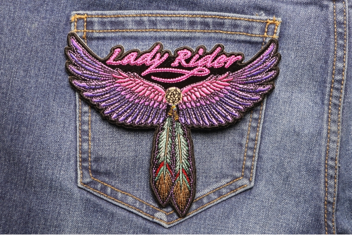 Lady Rider Wings and Feather Medium Size Tribal Iron on Biker Patch shown on jeans