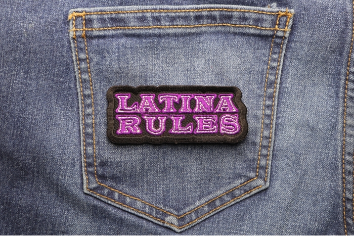 Latina Rules Funny Iron on Patch  shown on jeans