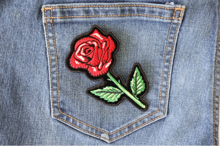 Red Rose Patch shown on jeans