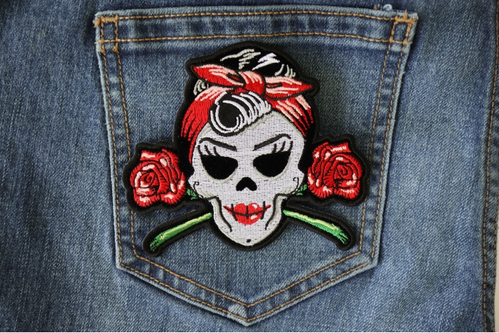 Lady Skull and Roses Patch shown on jeans