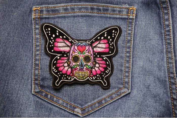 Sugar Skull Butterfly Patch shown on jeans