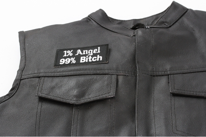 1 Percent Angel 99 Percent Bitch Patch, Funny Patches for Adults shown on leather vest