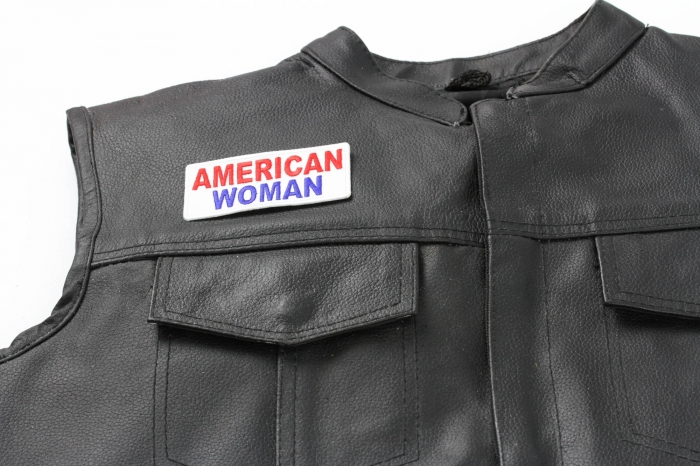 American Woman Patch, Funny Patches for Ladies shown on leather vest