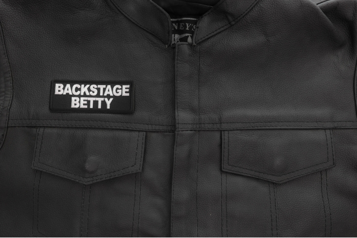 Backstage Betty Patch shown on leather vest