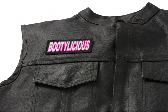 Bootylicious Patch, Funny Patches for Adults shown on leather vest