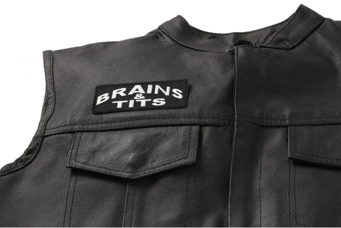 Brains and Tits Patch, Funny Saying Patches shown on leather vest