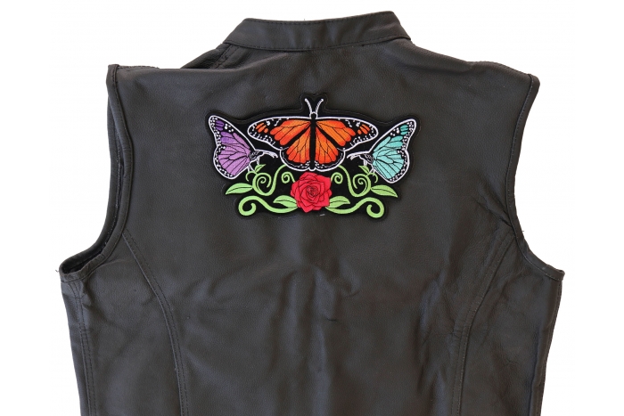 Butterfly Flower Patch, Large Ladies Back Patches for Jackets shown on leather vest