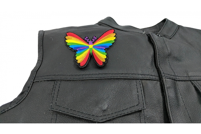 Colorful Butterfly Patch - By Ivamis Trading - 4x4 inch - Embroidered Iron on Patch shown on leather vest