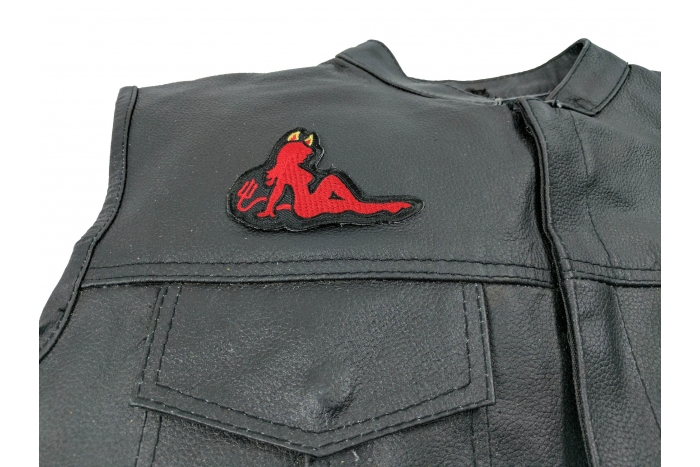 Devil Girl Patch - 3.5x2 inch. Embroidered Iron on Patch shown on leather vest