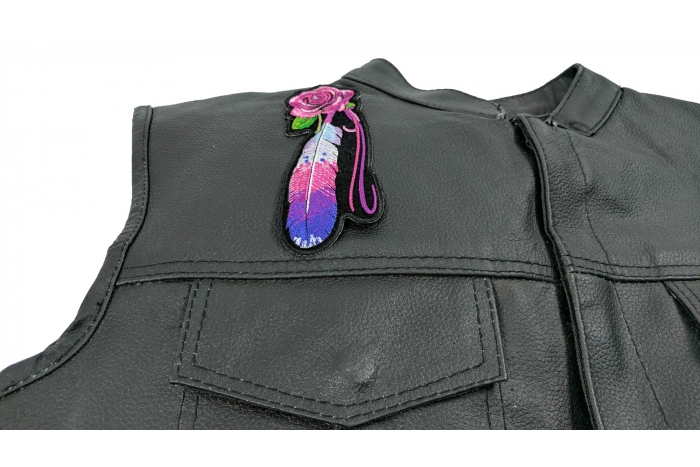 Feather and Rose Pink Patch - 2.4x5.5 inch. Embroidered Iron on Patch shown on leather vest