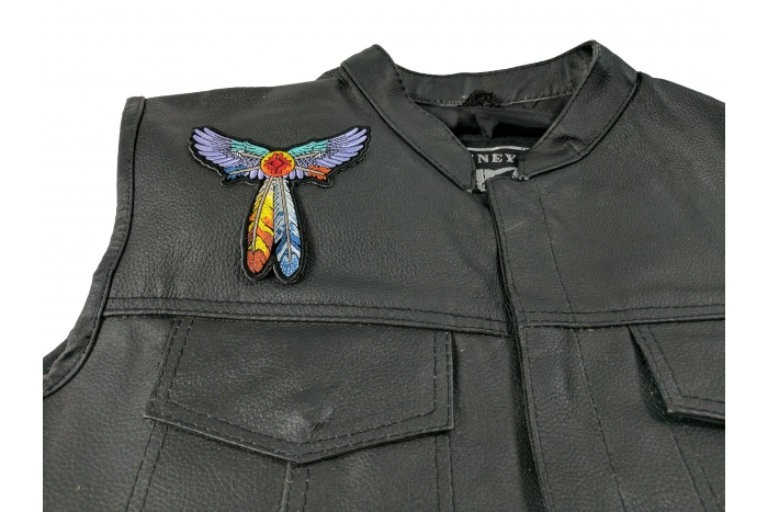 Winged Feathers Patch, Iron on Patches shown on leather vest