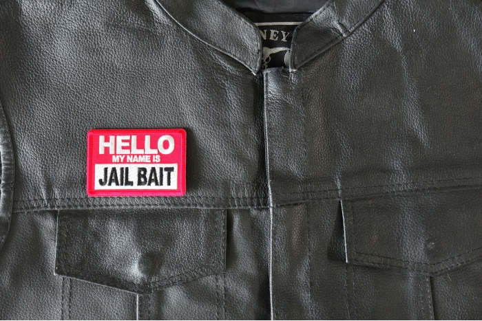 Hello My Name is Jail Bait Patch, Funny Saying Patches shown on leather vest