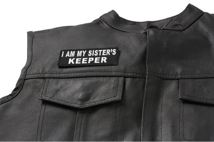 I Am My Sister's Keeper Patch, Funny Patches for Ladies shown on leather vest