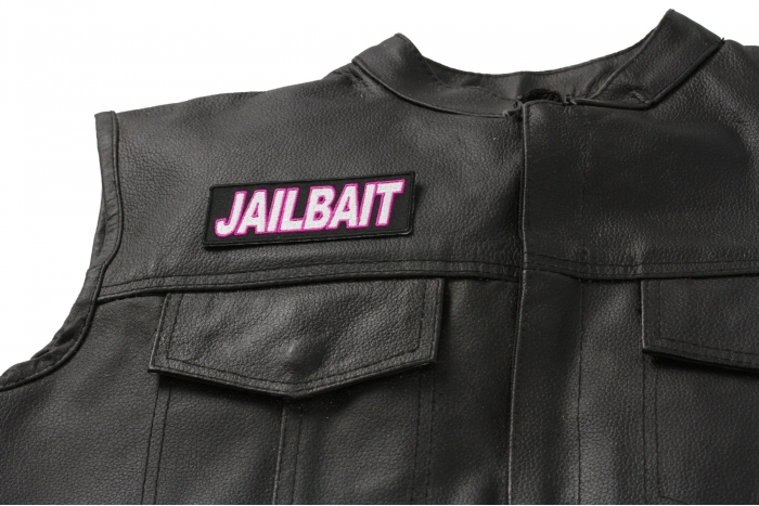 Jailbait Patch - Iron on Patch - 4x1.5 inch shown on leather vest