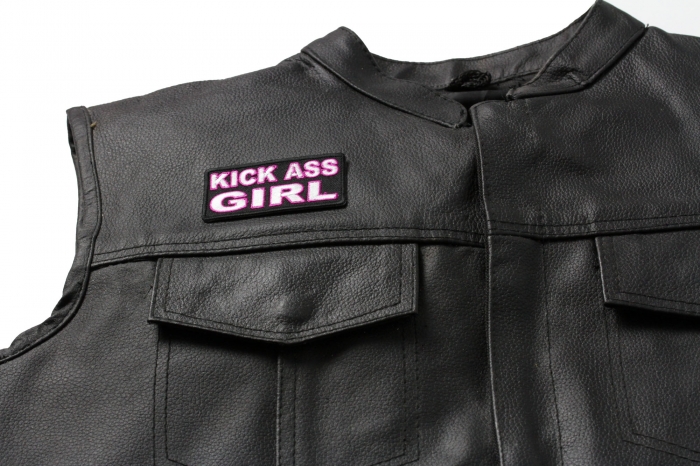 Kick Ass Girl Patch, Funny Patches for Ladies shown on leather vest