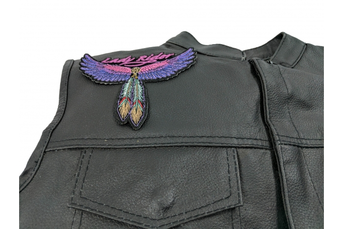 Lady Rider Patch for Ladies Biker Vests and Jackets shown on leather vest