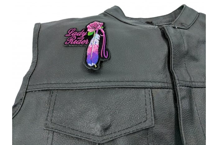 Lady Rider With Purple Rose and Feather Vertical Small Patch - 3x4 inch. Embroidered Iron on Patch shown on leather vest