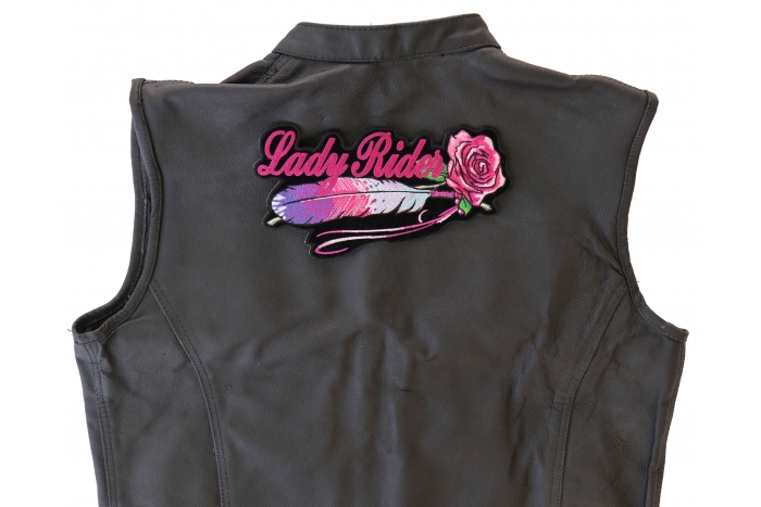 Feather Rose Lady Rider Patch, Large Ladies Back Patches for Jackets shown on leather vest