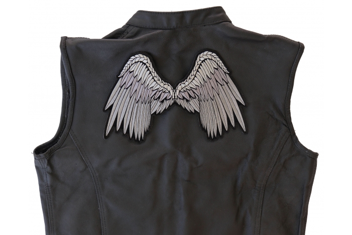Angel Wings Patch, Large Ladies Back Patches for Jackets shown on leather vest