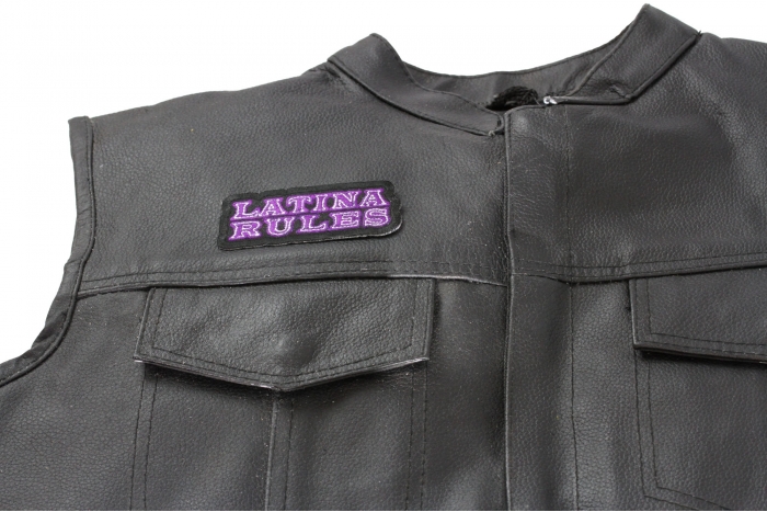 Latina Rules Patch - 3.5x1.5 inch. Embroidered Iron on Patch shown on leather vest