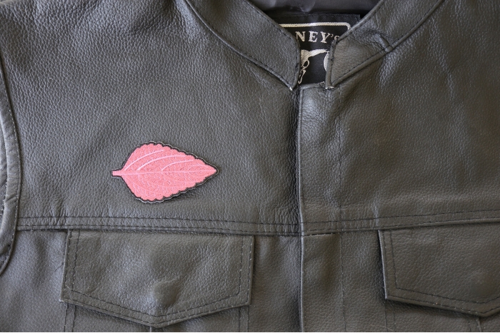 Leaf Patch - 1.7x3 inch. Embroidered Iron on Patch shown on leather vest