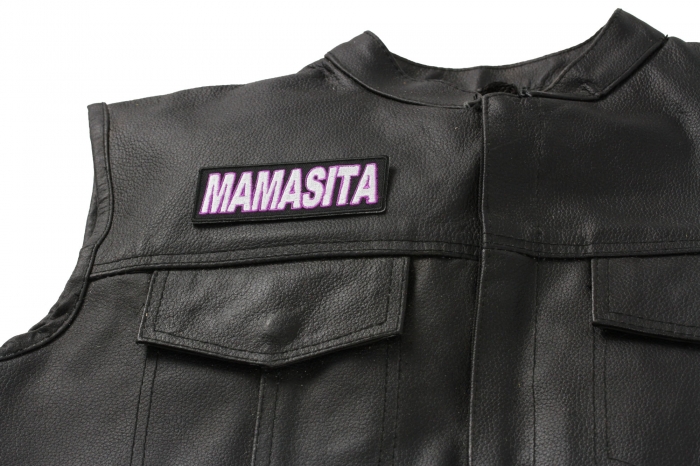 Mamasita Patch - Iron on Patch - 4x1.5 inch shown on leather vest