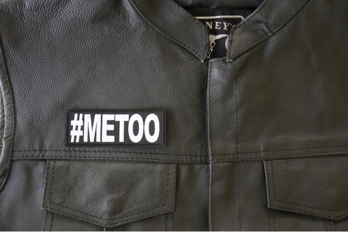 MeToo Patch - 4x1.5 inch. Embroidered Iron on Patch shown on leather vest
