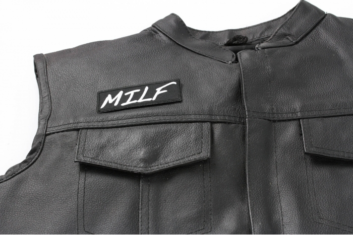 Milf Patch, Funny Patches for Adults shown on leather vest