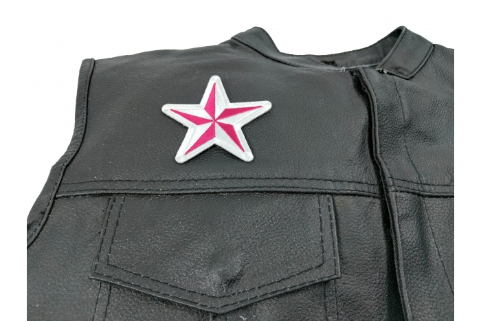 Pink and White Star Patch - Iron on Patch - 3x3 inch shown on leather vest
