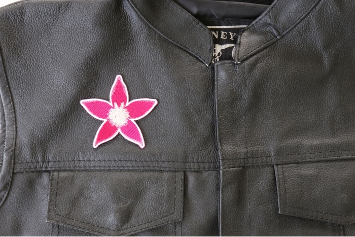 Pink Flower Patch - 3x3 inch. Embroidered Iron on Patch shown on leather vest