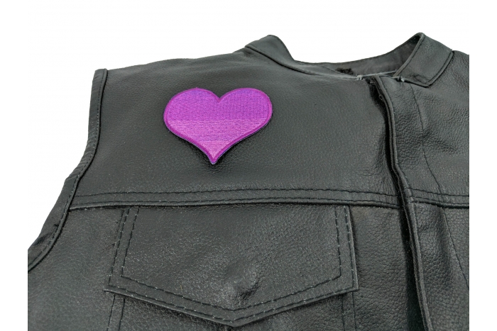 Pink Heart Patch - 3x2.5 inch. Embroidered Iron on Patch shown on leather vest