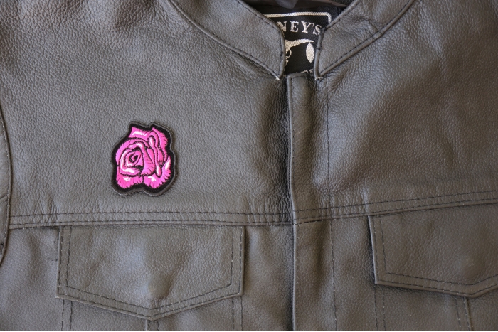 Pink Rose Patch - 2x2.25 inch - Embroidered Iron on Patch shown on leather vest