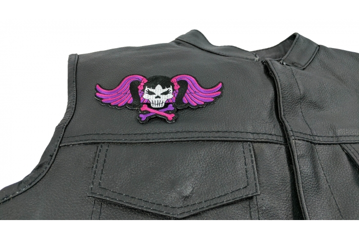 Pigtails Skull and Wings Patch, Biker Skull Patches shown on leather vest