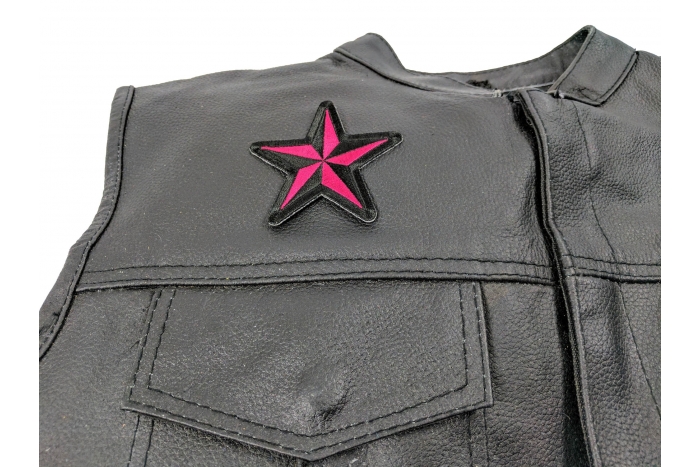 Pink Star Patch, Iron on Patches shown on leather vest