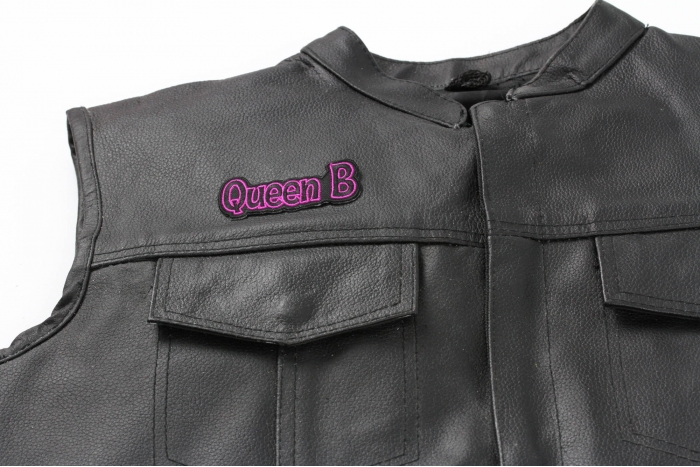 Queen B Patch - 3x1.5 inch shown on leather vest