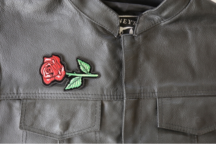 Red Rose Patch - 4.1x2.5 inch - Embroidered Iron on Patch shown on leather vest