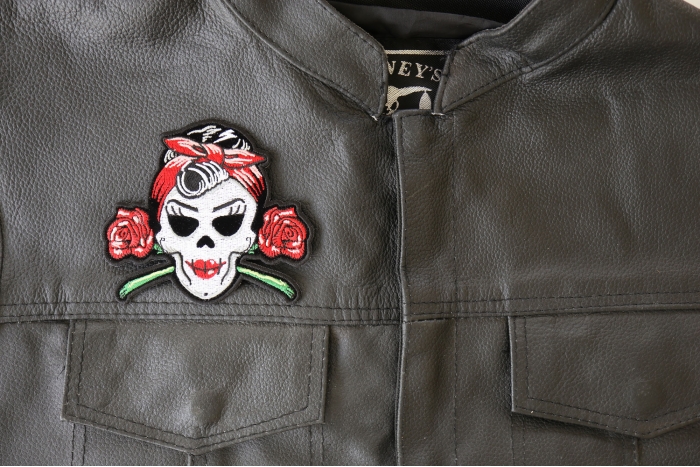 Lady Skull and Roses Patch, Biker Skull Patches shown on leather vest