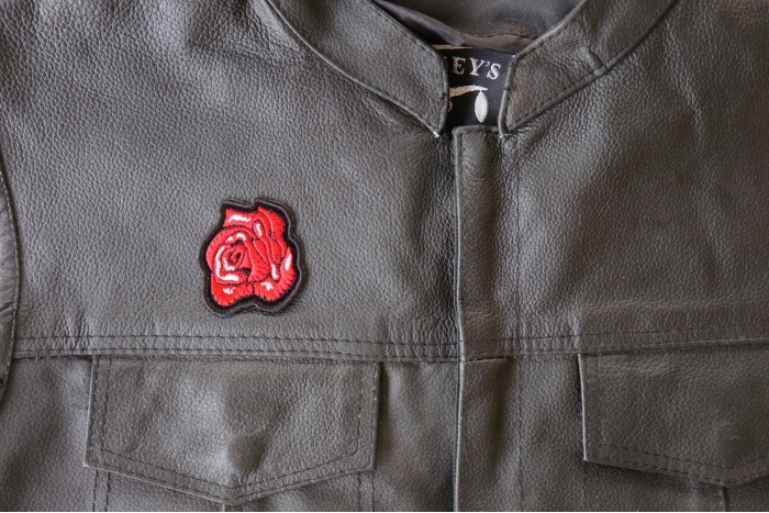 Rose Bud Patch - 3x3 inch - Embroidered Iron on Patch shown on leather vest