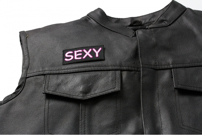 Sexy Patch, Funny Patches for Ladies shown on leather vest
