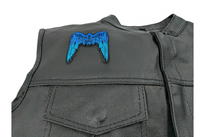 Small Angel Wings Patch Blue - 2.75x3 inch. Embroidered Iron on Patch shown on leather vest