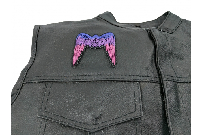 Small Angel Wings Patch Pink - 2.75x3 inch. Embroidered Iron on Patch shown on leather vest