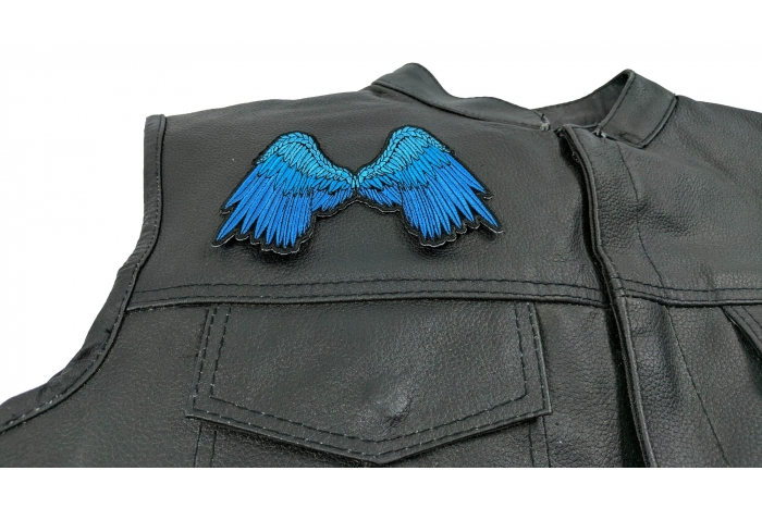 Small Beautiful Angel Wings Blue Patch - 5x3 inch. Embroidered Iron on Patch shown on leather vest