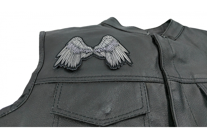 Small Beautiful Angel Wings Grey Patch - 5x3 inch. Embroidered Iron on Patch shown on leather vest