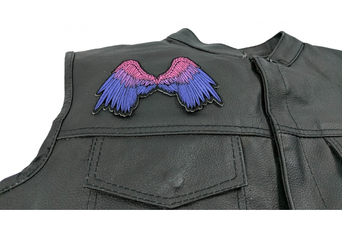 Small Beautiful Angel Wings Pink Patch - 5x3 inch. Embroidered Iron on Patch shown on leather vest