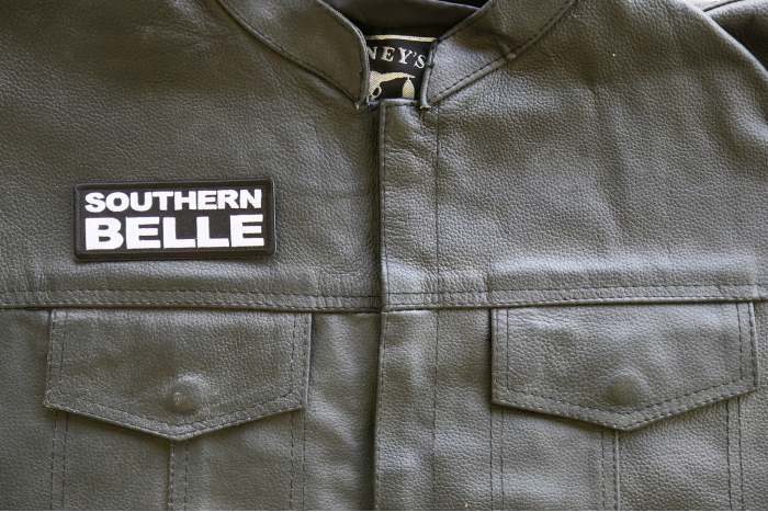 Southern Belle Patch, Funny Saying Patches, Sew or Iron on Patch shown on leather vest
