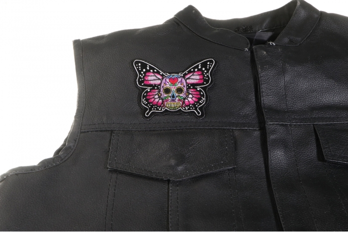 Sugar Skull Butterfly Patch, Biker Skull Patches shown on leather vest