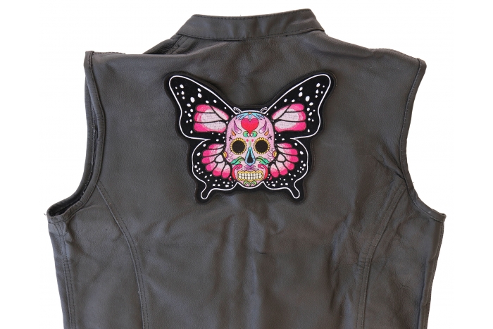 Butterfly Skull Patch, Large Skull Patches for Biker Jackets shown on leather vest