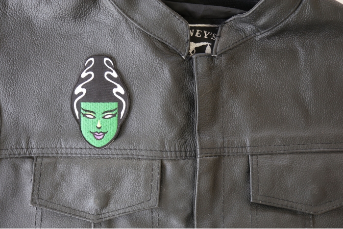 Wacky Bride Patch - 2.5x3.6 inch - Embroidered Iron on Patch shown on leather vest