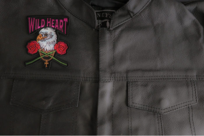 Wild Heart Eagle Rose Patch shown on leather vest