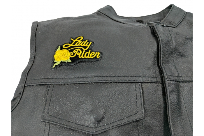 Yellow Lady Rider Rose Patch - 3x2.5 inch. Embroidered Iron on Patch shown on leather vest